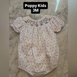 Poppy Kids 'Little Sister' Baby Bubble Romper - Blue Swiss Dot smocked